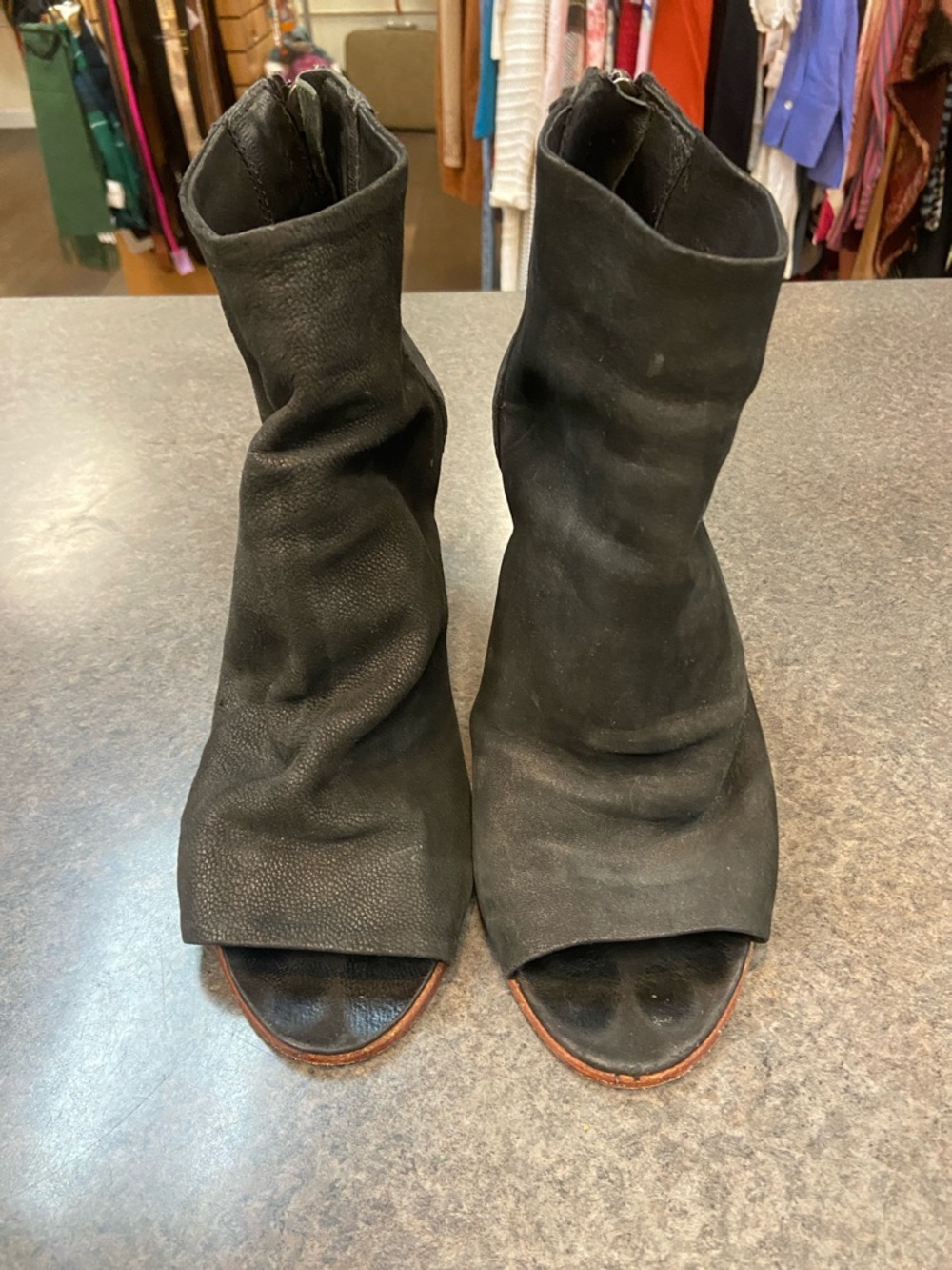 Free People Black Peep-Toe Slouchy Leather Ankle Heels